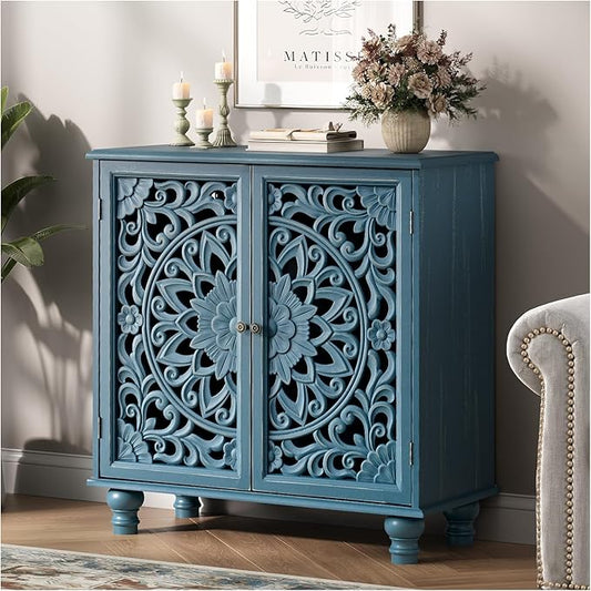 Blue Accent Cabinet with Carved Doors, 31" Storage Cabinet for Entryway & Living Room, Vintage Sideboard Buffet Table with Adjustable Shelf, Solid Wood Legs, Boho Home Decor