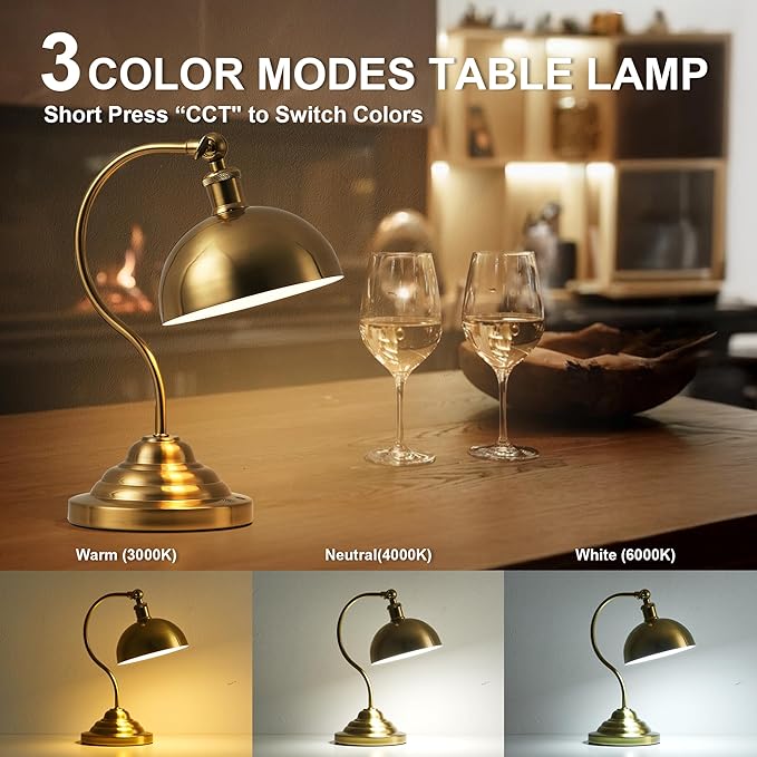 KARTOOSH Cordless LED Table Lamp Set of 2, Battery Operated Desk Lamps with Swing Arm & Plastic Shade, Vintage Small Rechargeable Dimmable Light for Bedroom, Living Room, Nightstand, Brass