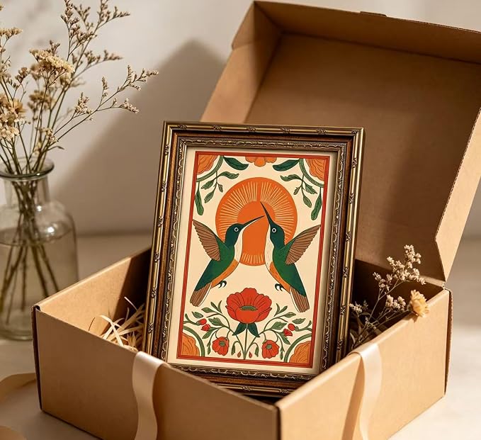 Vintage Gold Framed Hummingbird Wall Art Scandinavian Pictures Floral Bird Painting Canvas Prints Birds Poster Artwork Neutral Farmhouse Wall Decor for Living Room Bedroom Kitchen12x16in
