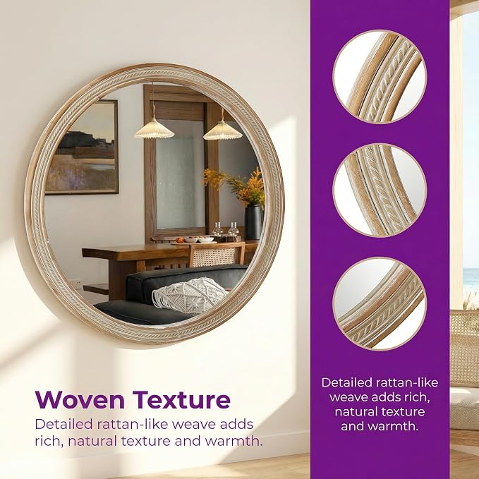 23.62'' Rustic Modern Round Wall Mirror with Rattan Textured & Pre-Installed Hanging, Decorative Mirror with Large Reflective Surface for Bathroom Bedroom Living Room, Natural