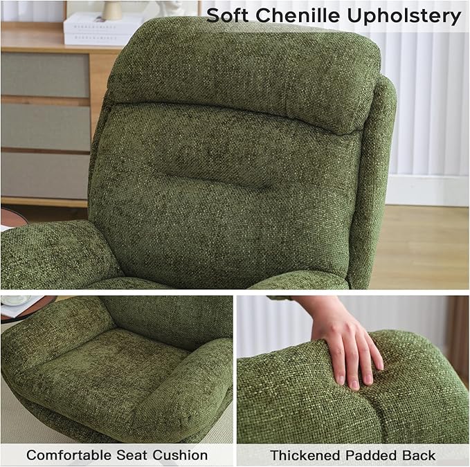 Swivel Accent Chair with Ottoman Set for Living Room, Chenille Comfy Reading Chair with High Back, TV Lounge Chair with 360 Degree Swiveling, Tilting for Bedroom, Modern Armchair with Footrest, Green