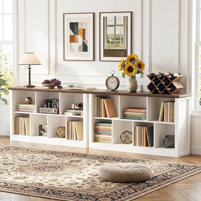 Unikito 7 Cube Storage Book Shelf - 47" Wide Wood Cube Storage Organizer, Wooden 2 Tiers Floor Standing Low Bookcase for Living Room, Bedroom, Home Office, Kids Room, Rustic White and Brown