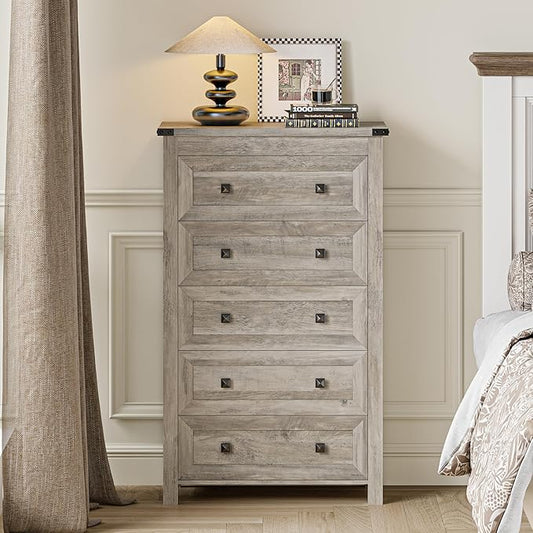 Grey Dresser Tall 5 Drawer Dresser for Bedroom, Wooden Dressers & Chests of Drawers with Metal Handles, Modern Storage Cabinet and Organizer Drawers for Living Room, Hallway, Gray