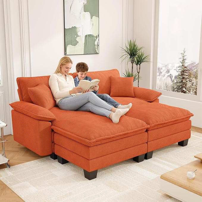 Modular Sectional Sofa Cloud Couch, Comfy Corduroy Loveseat with Ottoman Upholstered Deep Seat Sleeper Sofa Bed 2 Seater Couch Oversized Chaise Lounge Chair Indoor for Living Room Bedroom, Orange