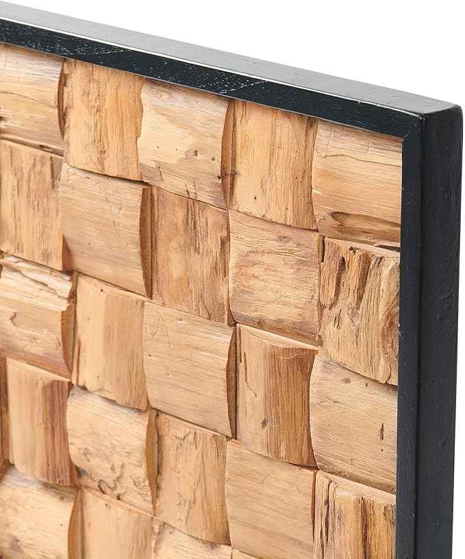 Warmaxx Rustic Teak Wood Wall Art Decor 17''x17 Farmhouse Framed Wall Décor for Home Living Room Bedroom Office Handcrafted Carved Natural Wooden Bricks Square Cube Pattern Christmas Wall Décoration