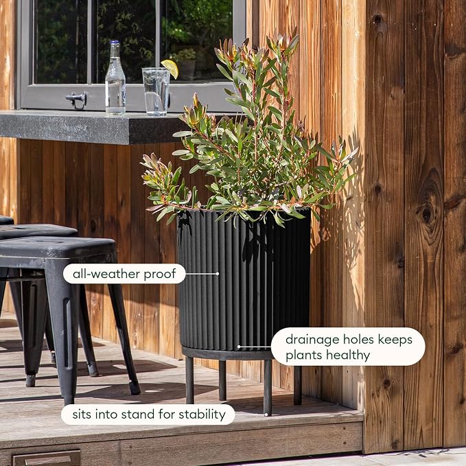Veradek Demi Series Round Planter w/Stand for Porch/Patio | Durable Plastic-Stone Composite & Wooden Stand | Modern Décor for Tall Plants, Flowers