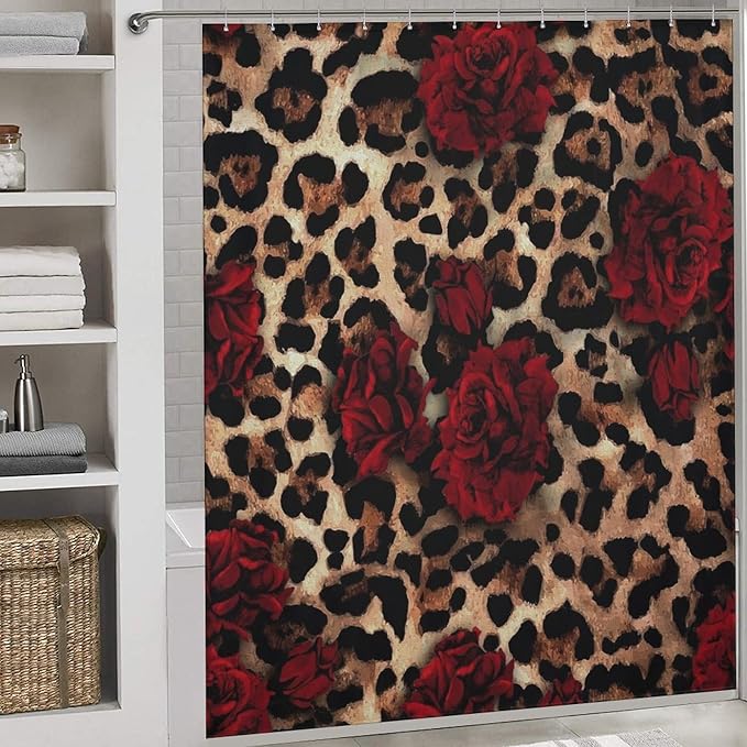 Leopard Rose Flower Shower Curtain Brown Wild Animal Skin Print Cute Red Rose Floral Valentine's Day Creative Modern Art Waterproof Shower Curtains for Bathroom Decor 12 Pack Hooks 72x72in (183x183cm)