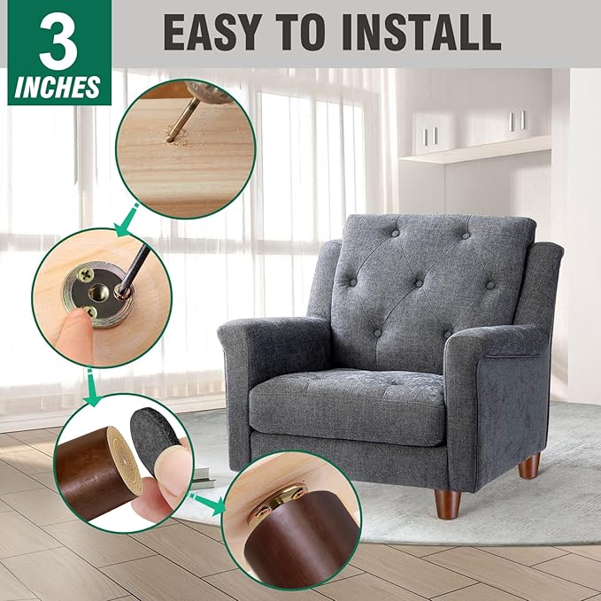 FoDau770 Brown Rubber Wood Furniture Legs 3 Inches, Straight Tapered Wood Feet Mid Century Sofa Legs Set of 8, 5/16" UNC Furniture Feet for Cabinet Couch Dresser Chair Ottoman Table