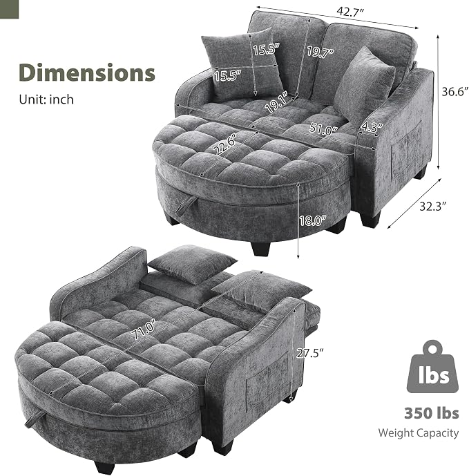 Round Chaise Lounge Chair with Storage Ottoman, Oversized Bubble Chair and a Half Featuring Adjustable Backrest, Plush Reading Accent Chair and Ottoman Set for Bedroom, Silver Grey