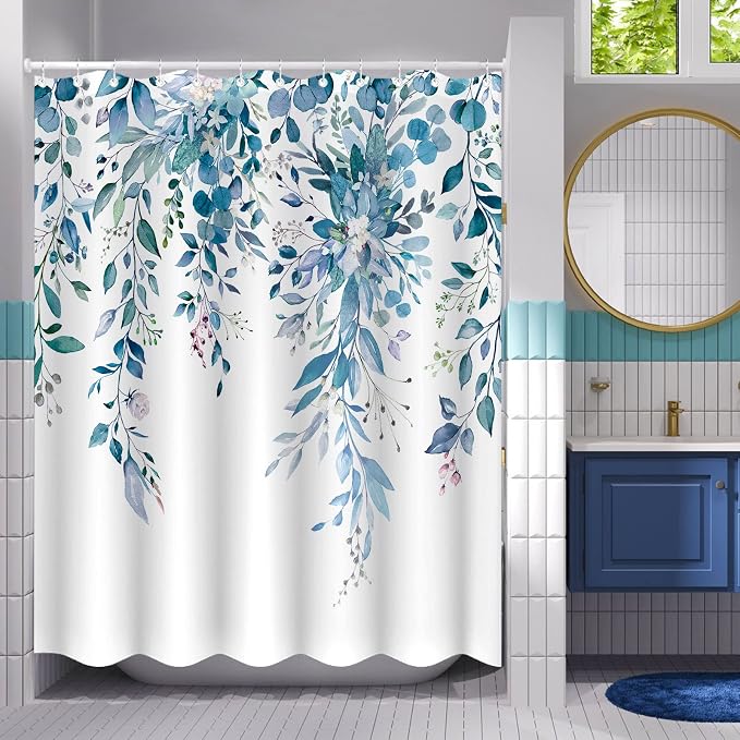 Long Blue Eucalyptus Shower Curtain Watercolor Floral Plant Leaf Shower Curtains for Bathroom Botanical Flower Waterproof Fabric Bath Curtain Decor with Hooks (Blue, 72'' x 78'')