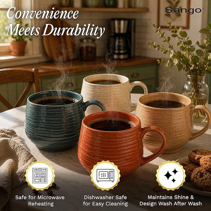 SANGO 17.5 oz Stoneware Coffee Mugs Set of 4, Rustic Ceramic Mug with Speckled Reactive Glaze, Large Pottery Drinkware for Coffee or Tea, Dishwasher & Microwave Safe Mugs, Siterra Painter’s Palette