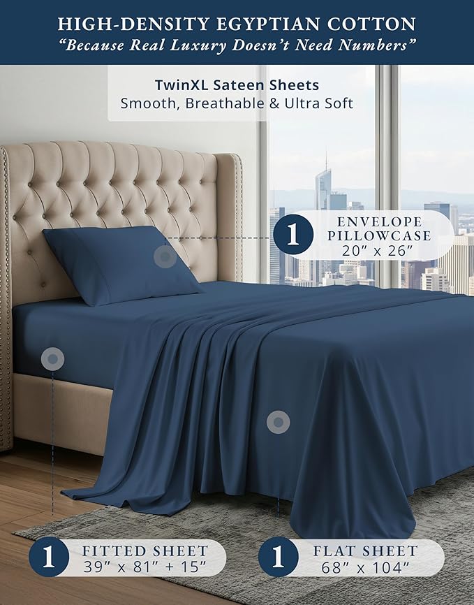 LANE LINEN 100% Egyptian Cotton Twin XL Sheet Sets, 15 inch Deep Pocket Fully Elasticized French Reinforced Pocket Seams for Soft, & Fresh Bed Eco Friendly Cooling Sheets Twin XL - Estate Blue