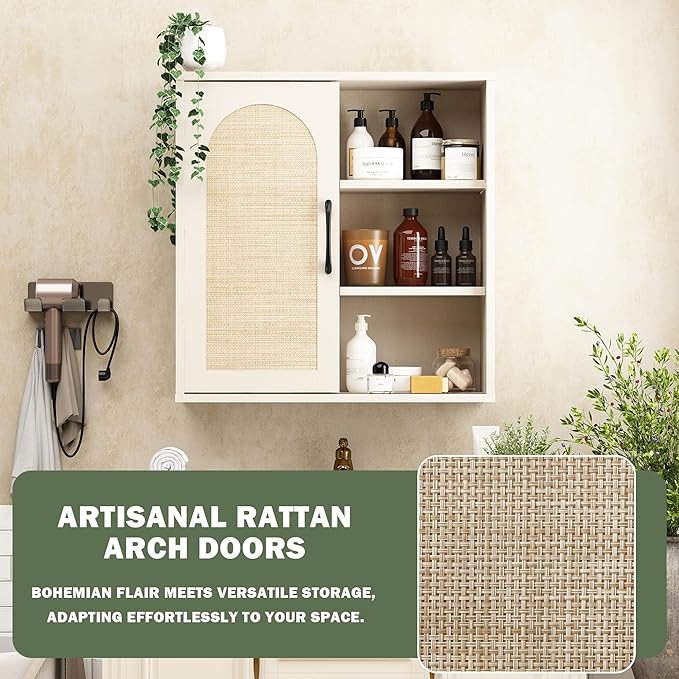 RUSTOWN Boho Rattan Wall Cabinet, Midcentury Bathroom Cabinet with Sliding Door, Adjustable Shelves, Over The Toilet Storage Cabinet (Vintage White)