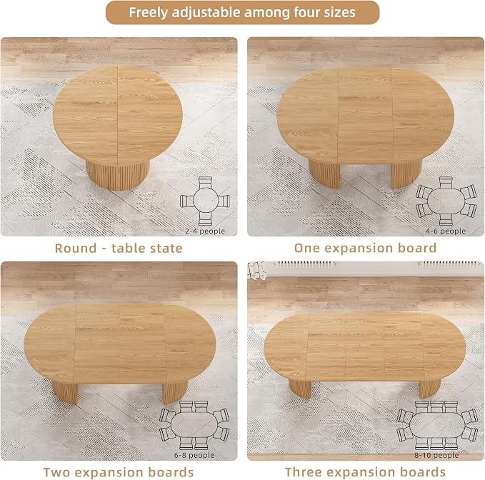 43-95 inch Long Round Extendable Dining Table for 4-10, Space Saving Oval Large Dinner Kitchen Table with 3 Leaf, 2 Storage, Fluted Mid Century Modern Dining Room Table for Living Room, Natural