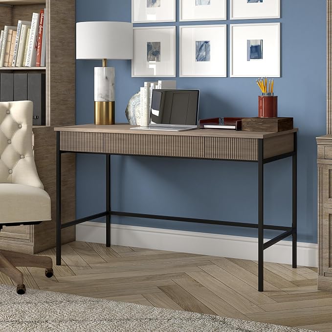 Henn&Hart 48" Fluted Mid-Century Modern Rectangular Wooden Home Office Desk Computer Desk Writing Table with 3 Ribbed Storage Drawers for Bedroom, Living Room, or Home Office, Weathered Gray