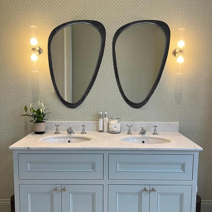 30''x20'' Asymmetrical Mirror with Wood Frame Black, Small Irregular Wall Mirror Odd Shaped Mid Century Modern Mirror Decor for Bedroom Living Room Entryway Hall
