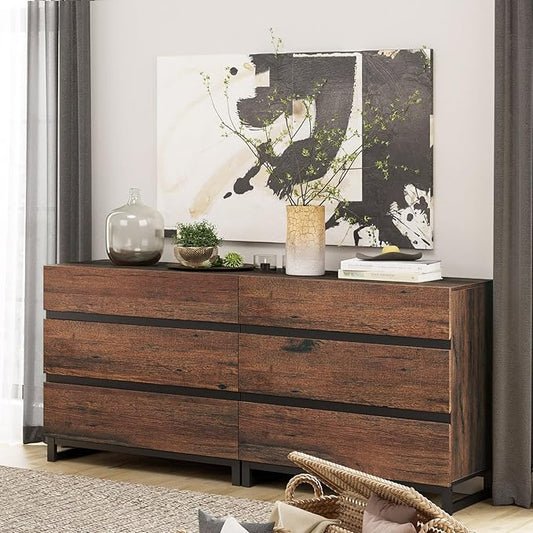 WAMPAT Dresser for Bedroom, Closet Organizers and Storage with 6 Drawers, Chest of Drawers with Metal Base, Modern Wood Dresser for Living Room, Entryway, Brown
