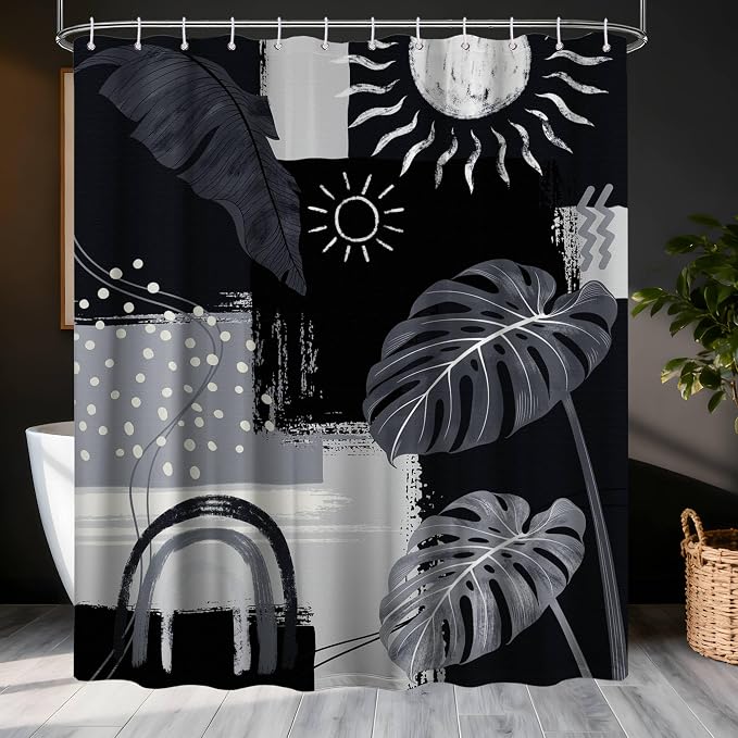 Small Stall Narrow Shower Curtain Black and Gray Stand Up Dark Black and Grey Abstract Shower Curtains for Rv Camper Bathroom Decor Sets, Waterproof Cloth Fabric with Hooks, 36 x 72 Inch