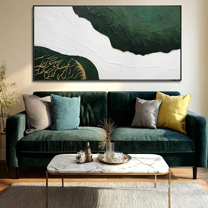 Abstract Canvas Paintings Line Framed Wall Decor Green and White Hanging Art 24"x48" Artwork for Bedroom Kitchen Office