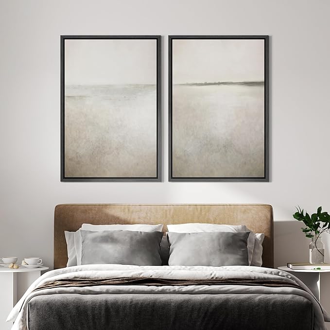 IDEA4WALL Framed Canvas Print Wall Art Set Abstract Sepia Ocean Wave Beach Landscape Nature Wilderness Illustrations Modern Art Decorative Coastal Cottage Seascape for Bedroom - 24"x36"x2 Black