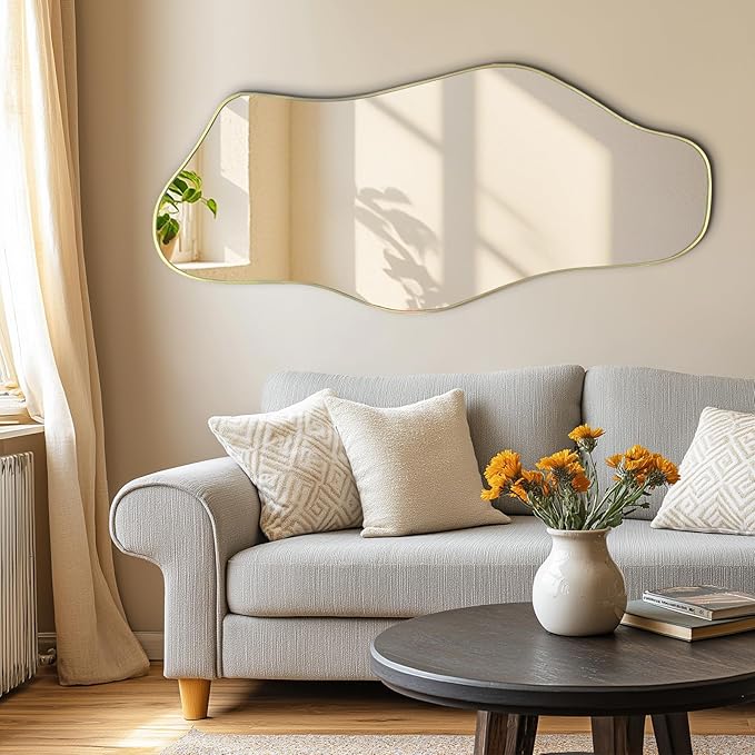 Irregular Mirror, 47.2"x21.6" Asymmetrical Frameless Mirrors, Gold Abstract Wall Mirror Decorative, Modern Unique Shaped Mirrors for Living Room Bathroom Bedroom Hallway Entryway Fireplace