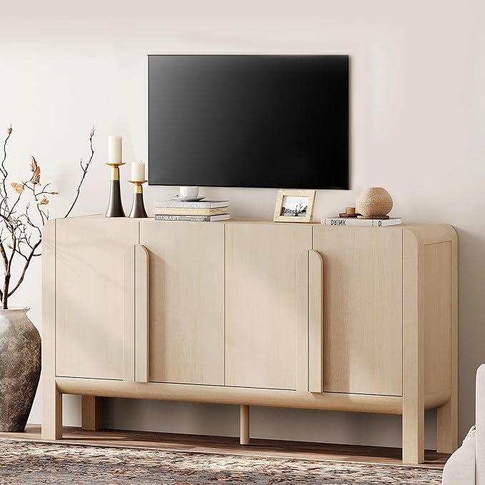WAMPAT 63" W Large Buffet Sideboard Cabinet with Storages, Modern Buffet Table Coffee Bar Wine Bar Storage Curved Cabinet with 4 Doors for Dining Room, Living Room, Kitchen, Light Oak