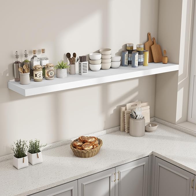 Fun Memories 72 Inch Fireplace Mantel Shelf, 12 Inch Deep Shelves for Display & Wall Storage, Rustic Wood Wall Shelf, Extra Long Floating Shelves for Living Room Laundry Room, White, Set of 1