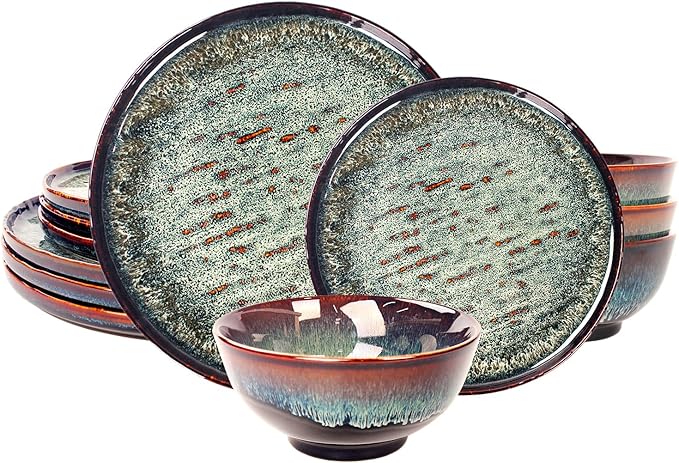 Dinner Set 12 Pieces - Round Reactive Glaze Tableware - Kitchen Dinnerware Porcelain Crockery with Dinner Plate, Bowl and Soup Plate Service for 4, Microwave Dishwasher Safe, Set (No.3)