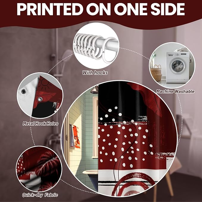 Black and Red Mid Century Modern Shower Curtain Bohemian Abstract Burgundy Shower Curtains for Bathroom Decor Sets, Waterproof Cloth Fabric with Hooks, 70x78 Inch
