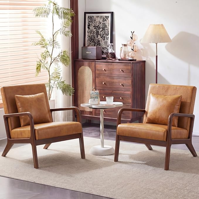 Mid Century Accent Chair with Solid Oak Frame Set of 2, Upholstered Lumbar Pillow Lounge Chair Brown Faux Leather Cozy Leisure Chair Relaxing Retro Living Room Chair for Bedroom Waiting Room