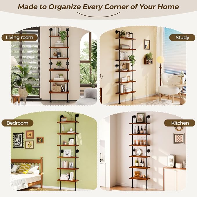Industrial Ladder Pipe Shelves, Wall Mounted Rustic Bookshelf, Retro Metal Wood Bookcases (Walnut, 6 Tier - 10" D x 24" W x 82.5" H)