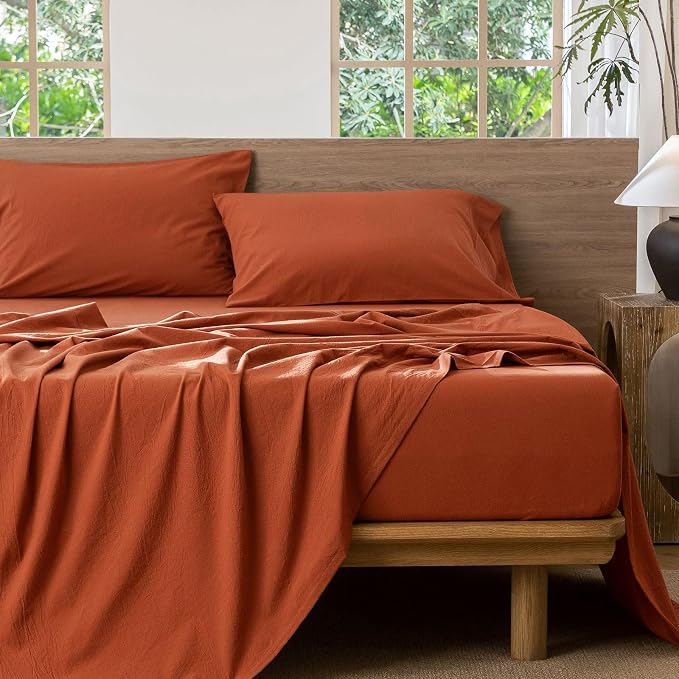 MooMee Bedding Sheet Set 100% Washed Cotton Linen Like Textured Breathable Durable Soft Comfy (Solid Rust Brown, King)