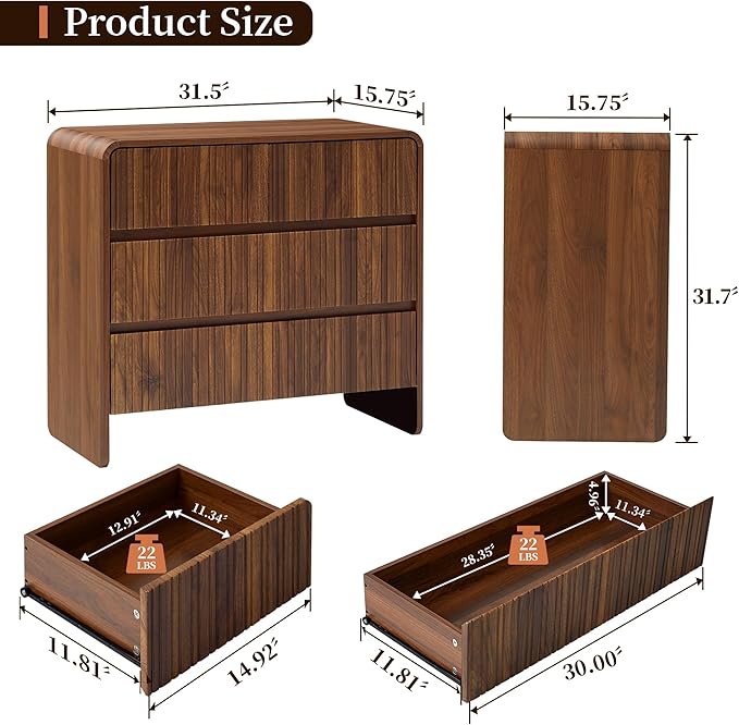 BERRYMERRY Flute 3 Drawer Dresser,31.5" Wide Dresser Nightstand for Bedroom,Mid Century Modern Wood Chest of Drawer with Curved Profile,Large Nightstand with 3 Drawer for Closet