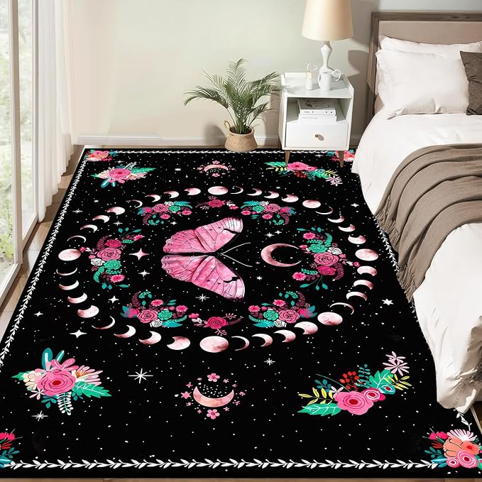 Pink Butterfly Area Rug 4'x6' Moon Phase Floral Rugs for Bedroom Living Room Kitchen Nursery Playroom Home Decor Boho Gothic Butterfly Carpet Non-Slip Washable Floor Mat