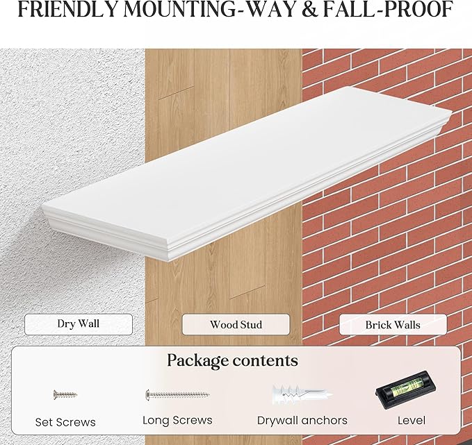 Fun Memories Floating Shelves 48 Inch Long, 9.3 Inch Deep Classic Crown Molding Floating Shelves for Wall, Rustic Wooden Shelves for Wall Decor Bathroom, Kitchen, Office, (White, 1Pack)