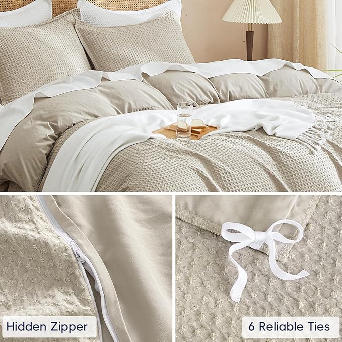 PHF Waffle Weave Duvet Cover Set Twin/Twin XL Size, No Snagging Ultra Soft Luxury Textured Breathable Comforter Cover for All Season 2pcs, Durable Bedding Duvet Set with 1 Pillow Sham, 68"x90", Linen