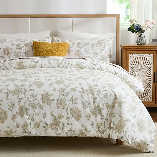 Cozeline 100% Cotton Duvet Cover Queen Size, Yellow Floral Bedding Set with Zipper Closure, 3 Pcs Breathable and Soft Chic Botanical Duvet Cover for All Season
