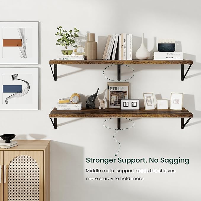 Floating Shelves, 12 Inch Deep Rustic Wood Wall Storage, 48W x 12D Wall Shelves Set of 2, Heavy Duty Metal Brackets, Large Industrial Book Shelf for Living Room, Kitchen, Bedroom, Brown