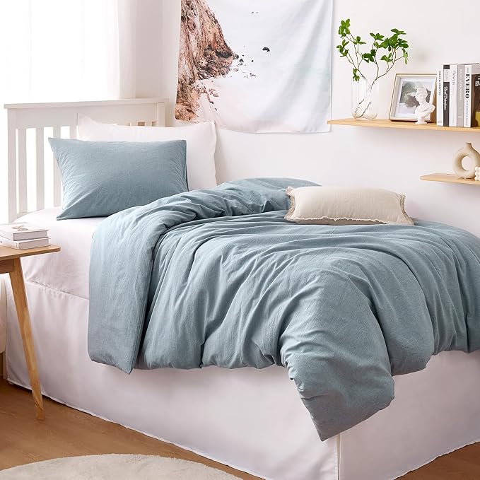 Wake In Cloud - Cotton Duvet Cover Set, 100% Washed Cotton, Linen Like Textured, Breathable Durable Comfy Farmhouse Neutral Bedding Set, 3 Pieces, Light Denim Blue, Twin/Twin XL Size