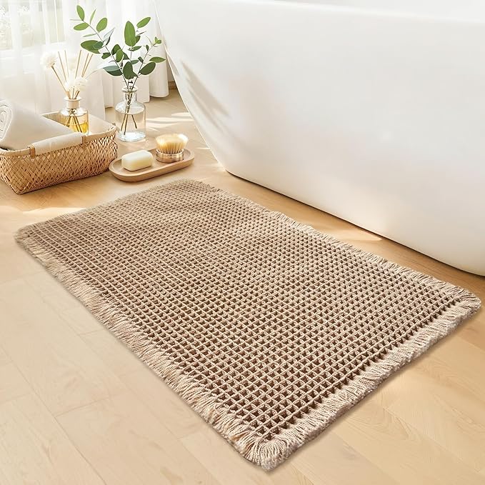 Waffle Bath Mat - Boho Bathroom Rugs Non Slip Washable, Super Absorbent & Quick Dry, Small Bath Mats Farmhouse Bathroom Decor, 18'' x 30'', Khaki