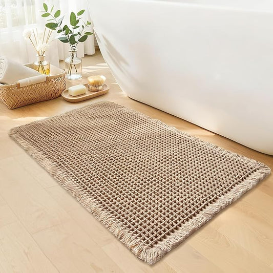 Waffle Bath Mat - Boho Bathroom Rugs Non Slip Washable, Super Absorbent & Quick Dry, Soft Bath Mat Farmhouse Bathroom Decor, 20'' x 32'', Khaki