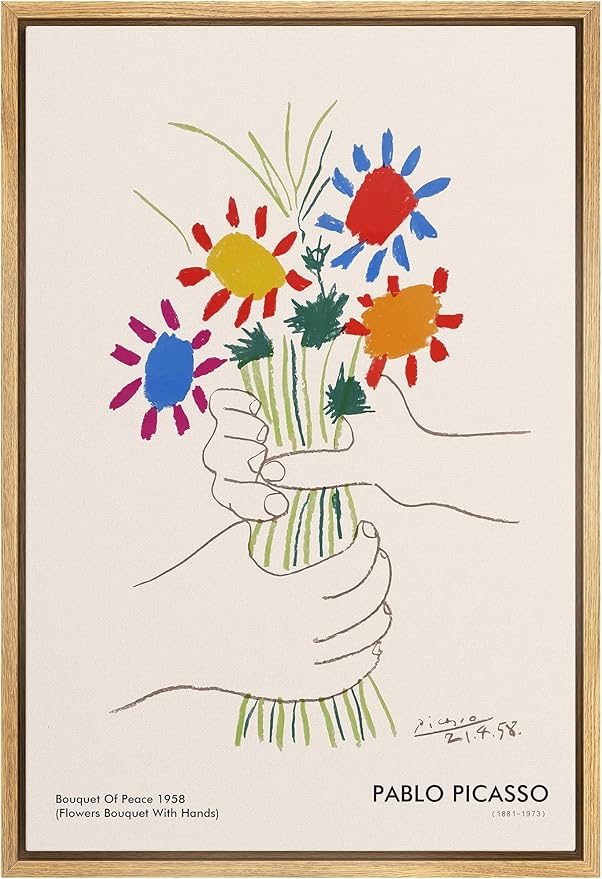 SIGNLEADER Framed Canvas Print Wall Art Pablo Picasso Flower Bouquet Peace Nature Wilderness Illustrations Fine Art Rustic Scenic Relax/Calm Colorful for Living Room, Bedroom, Office - 24"x36" NATURAL