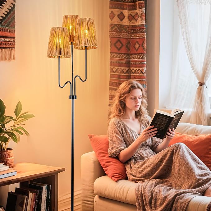 MAYNA 68" Boho Rattan Floor Lamp, 3-Light Black Tree Floor Lamp with Hand-Woven Wicker Shades, Tall Standing Lamp with Foot Switch for Living Room, Bedroom, Nursery, Rustic Farmhouse Decor