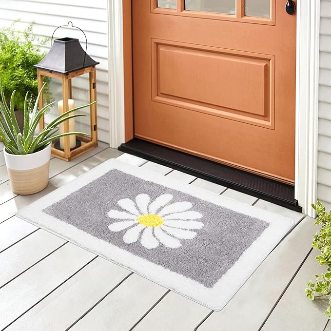 Hi Space Bathroom Rugs 31.5x19.7IN Grey Bath Mat for Bathroom Non Slip Machine Washable Soft Microfiber Absorbent Cute Daisy Floral Bath Rug Plush for Tub Shower Sink Fluffy Home Decor Accessories