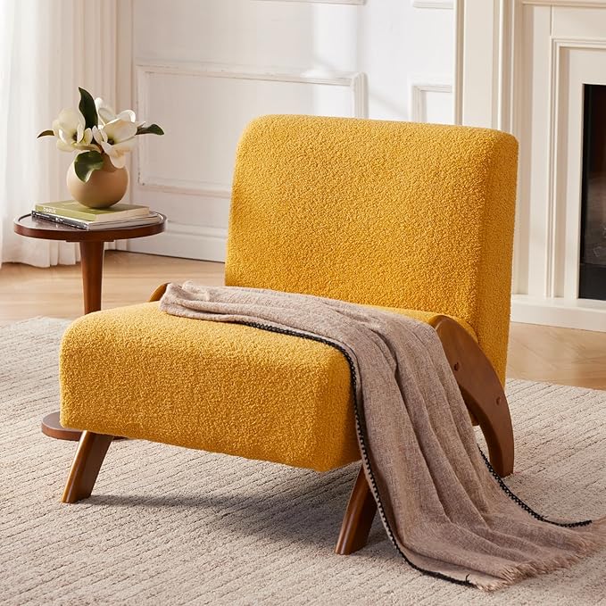 Oversized Accent Chair, upholstered armless mid Century Modern Living Room Chair with Wooden Legs for Bedroom/Office/Cafe, Sherpa Yellow
