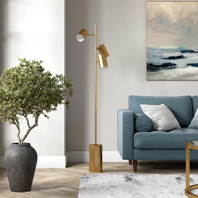 Henn&Hart 65" Modern 3-Light Tree Floor Lamp with Brass Metal Cylinder Shade for Living Room, Bedroom, or Office, Brass