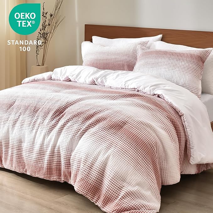 PHF Ultra Soft Yarn Dyed Waffle Weave Comforter Set Queen Size, 3 Pieces Lightweight Breathable Comfy Bedding Set, Comfy Textured 1 Comforter with 2 Pillow Shams, White and Brick