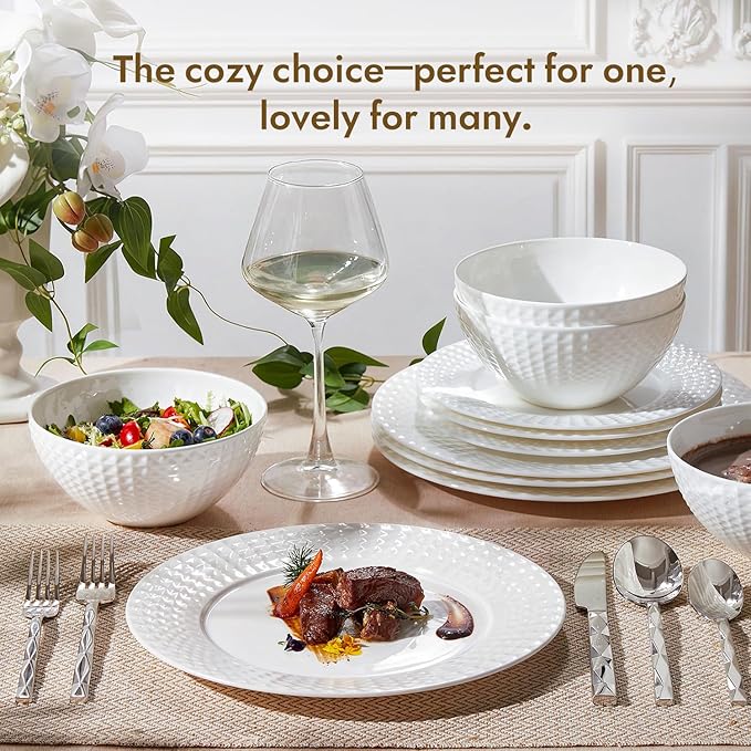 KINGSTONE 24-piece Bone China Dinnerware Set and 40-piece silverware, White Lightweight Porcelain for 8, Plates, Bowls with matching flatware, Microwave and Dishwasher Safe, for Family, Gifting
