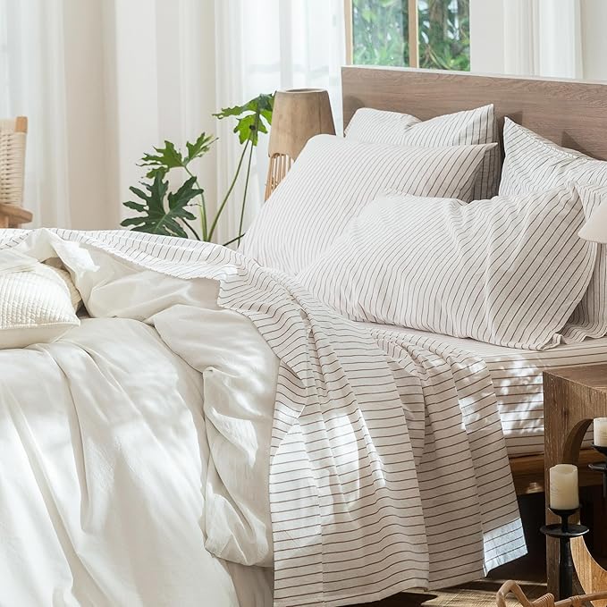 MooMee Striped Sheet Set 100% Washed Cotton Linen Like Textured Breathable Durable Soft Comfy (White Dark Orange Wide Stripes, King)