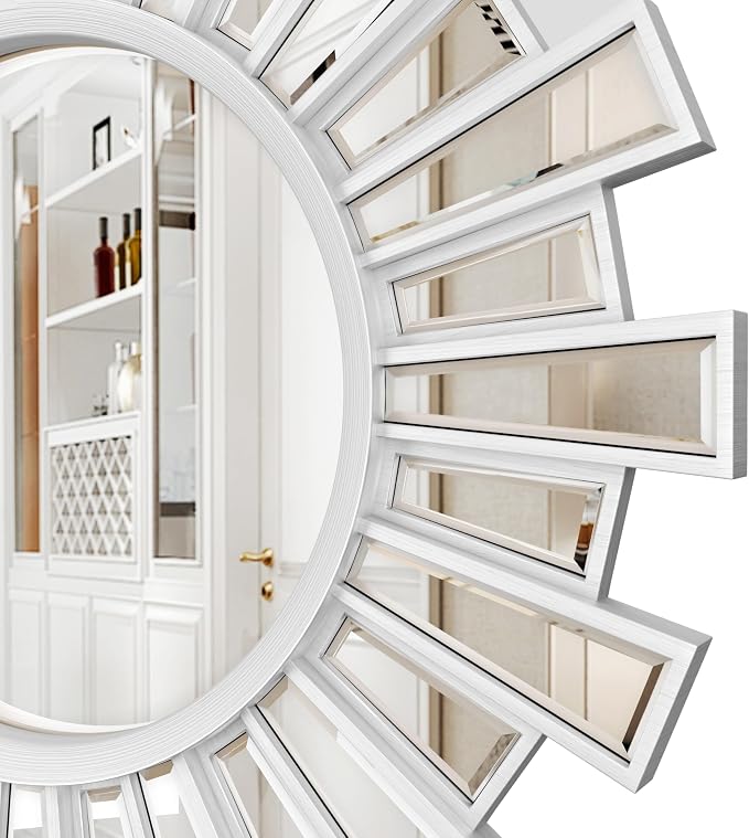 Round Sunburst Decor Mirror - 24" Silver Wall Art Mirror with Metal Frame, Starburst Wall Decorative for Entryway, Bedroom, Fireplace, Living Room
